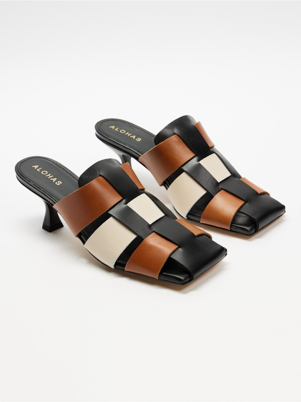 ALOHAS Shubie Scacchi Heels in Black Tan Ivory Bright